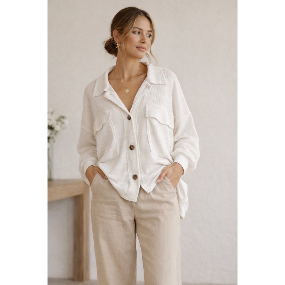 Bucket List Leah Ribbed Button Front Sweater Top Size L White Oversized